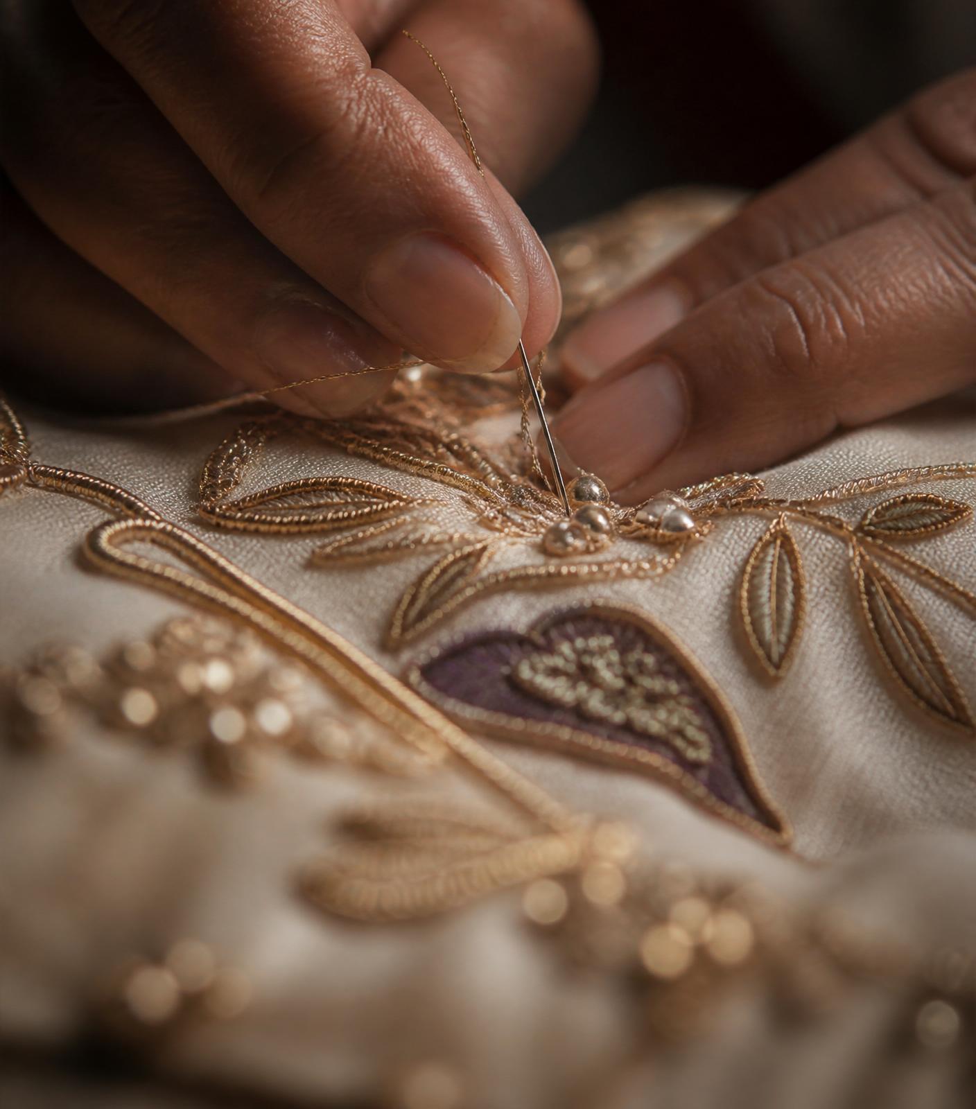 Hands finishing intricate embroidery on couture silk